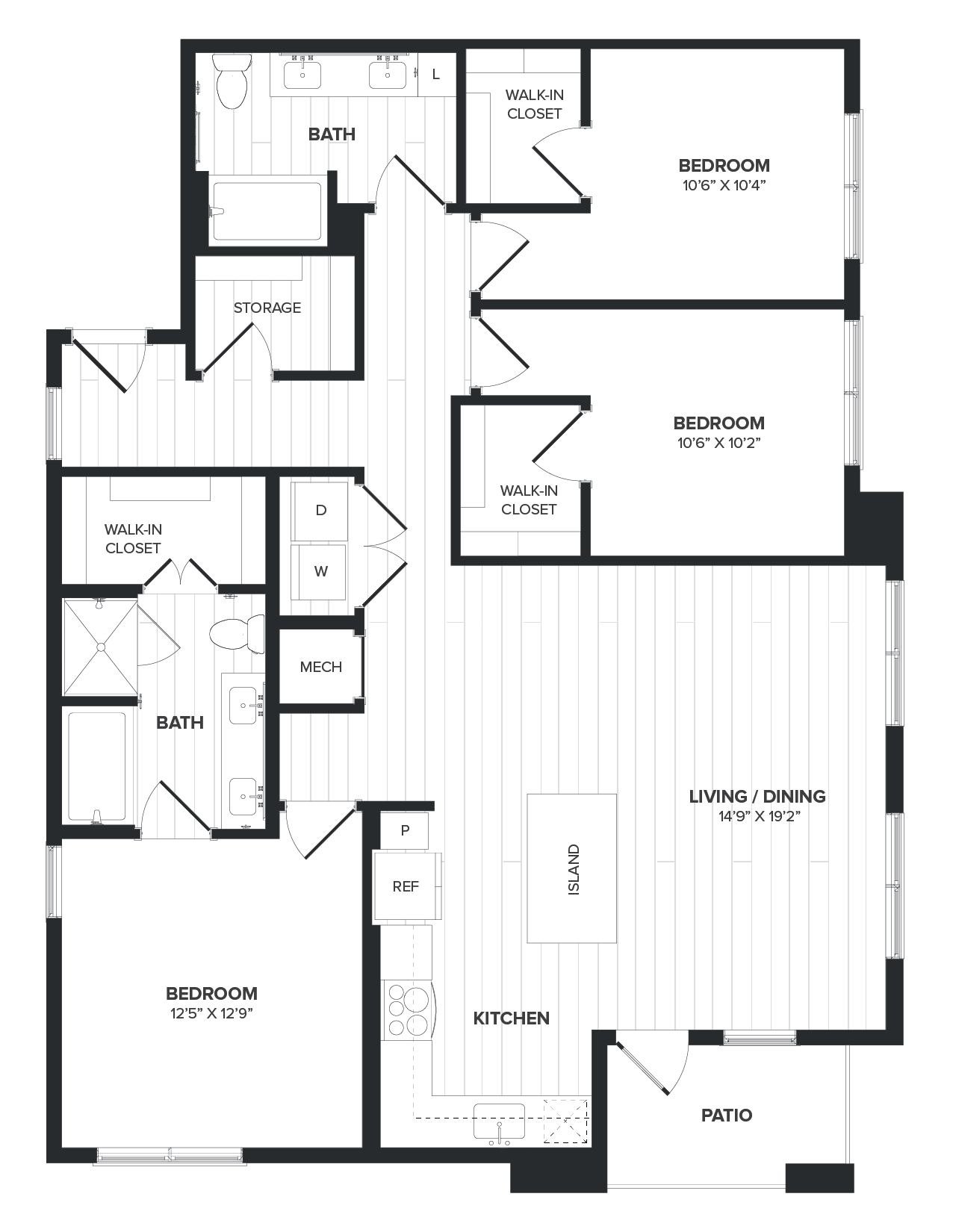 Floor plan for 3 beds, 2 baths
